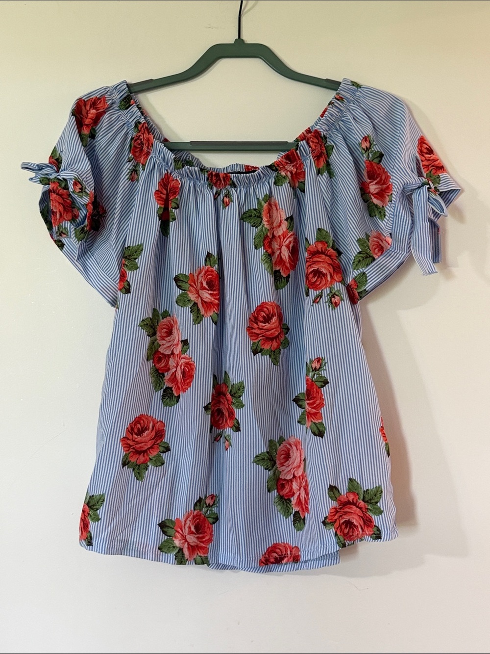 NWOT Elizabeth Blue Pinstripe Off-Shoulder Top with Red Rose Print